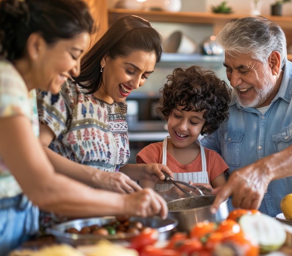 happy Spanish family cooking healthy together