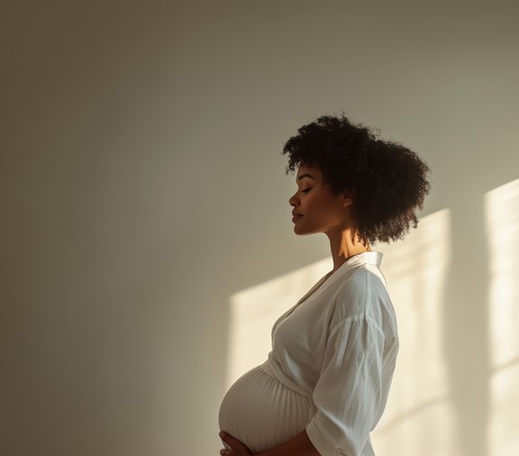 Side view of a pregnant black woman standing in sunlight and holding her belly